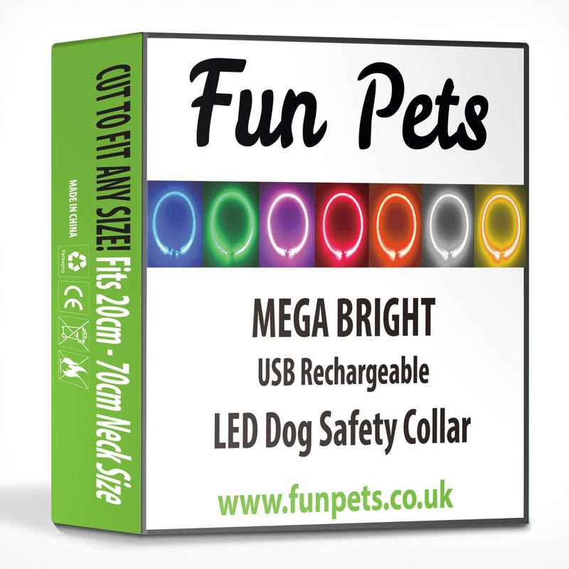 Fun Pets Mega Bright Rechargeable Dog Collar in Pink USB/Micro USB LED Light cut to fit any size. Powerful, Showerproof, Multiple Flashing Modes and Full Guarantee One Size - PawsPlanet Australia