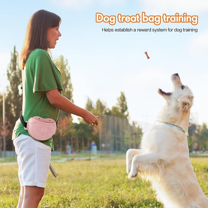 Dog Treat Pouch Kit, Silicone Treat Bag Fanny Pack with Waist Belt Magnetic Closure Pouches, with Dog Clicker and Silent Whistle for Pet Training Walking(Pink) Pink - PawsPlanet Australia
