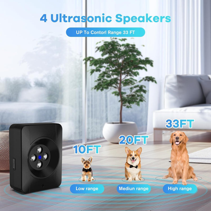 Dog Bark Deterrent Devices, Automatic Anti Barking Device with 4 Ultrasonic Transmitters, Audio & Ultrasonic Bark Box with 33FT Range, Rechargeable & Waterproof Outdoor Stop Barking Dog Devices