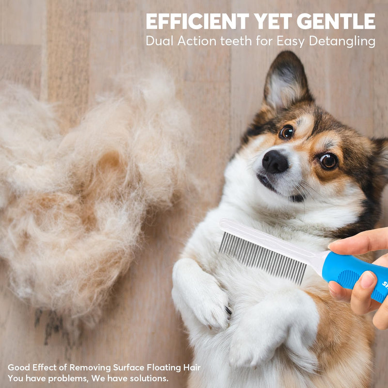Detangling Pet Grooming Comb for Dogs & Cats with Long & Short Stainless Steel Metal Teeth for Removing Tangles and Knots - Dematting Brush to Detangle Matted Hair Blue comb