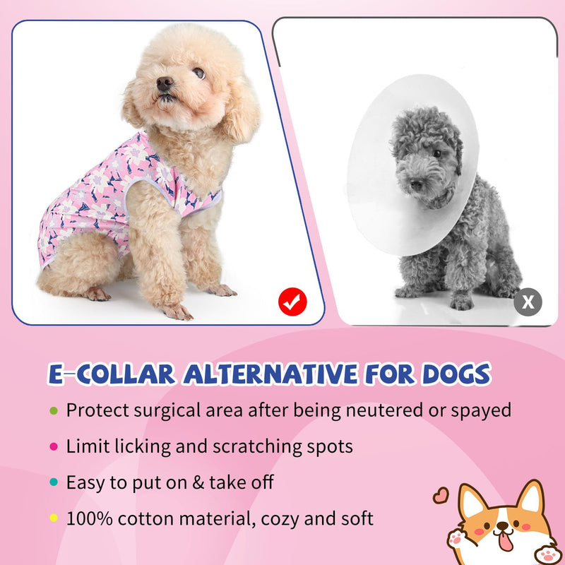 Dog Surgery Recovery Suit Puppy Surgical Clothes Abdominal Wounds Anti-Licking Dog Bodysuit Onesie Substitute E-Collar& Cone Pink Flower S Pink Flower(Zipper) - PawsPlanet Australia