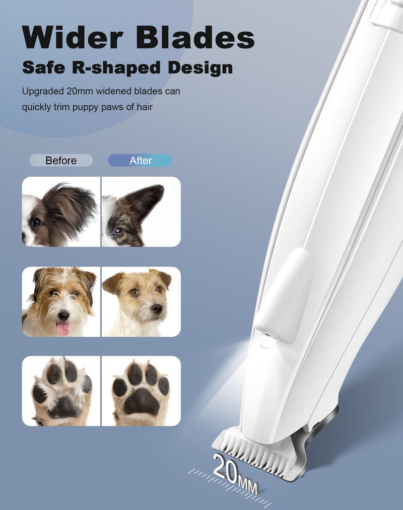 Dog Paw Trimmer for Grooming, Cordless Electric Dog Clippers with LED Light, Rechargeable Low Noise Small Pet Shaver for Trimming Cat's Hair Around Eyes, Faces, Ears, Paws, Rump(White) White