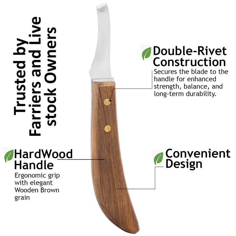 Farrier Hoof Knife with Wooden Handle Single Sided Edge Curved Blade Super Sharp Hoof Tool– Trimming for Horses, Cattle, Goats & Livestock (Brown) Brown - PawsPlanet Australia