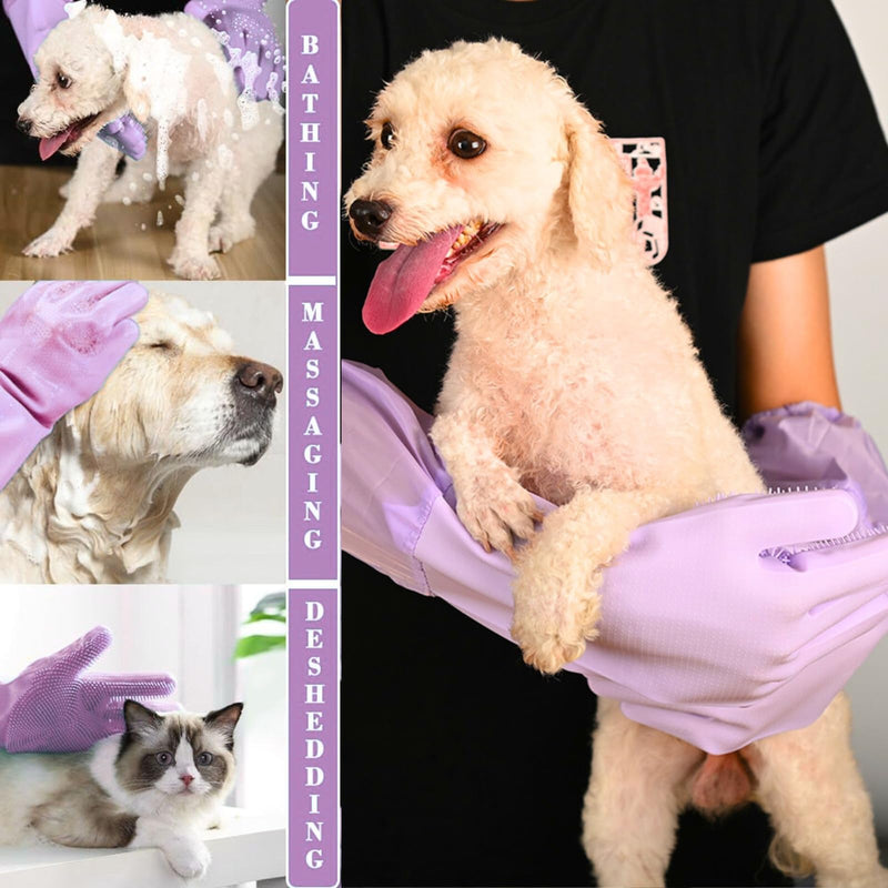 Dog Washing Gloves, Pet Grooming Gloves with Soft Brushes, Bathing and Massaging for Dogs and Cats, Silicone Heat Resistant Cleaning Gloves with High-Density Teeth (Purple) Purple - PawsPlanet Australia