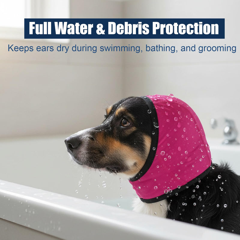 Dog Swim Ear Covers, Waterproof Dog Ear Covers for Grooming, Adjustable Pet Shower Wrap Snood with Noise Protection for Swimming, Bathing, Anxiety Relief (Rose Red, M)