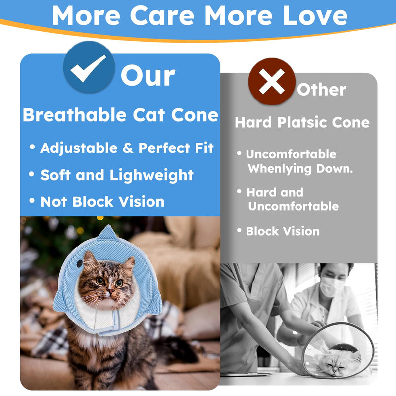Cat Cone Collar Soft, Adjustable Cat Recovery Collar After Surgery to Prevent Licking Wound, Breathable Cat Neck Cone Comfortable Pet Elizabethan Collar for Cats Kittens Cute Shark Design Small Blue Shark - PawsPlanet Australia