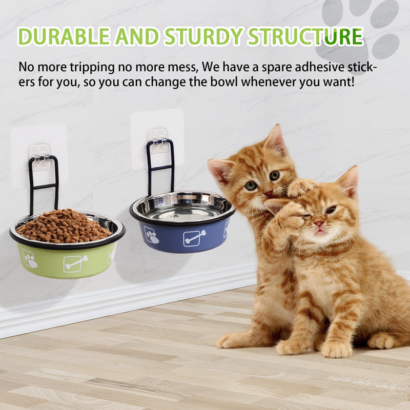 4PCS Multi-Color Raised Pet Bowls, Wall Mounted Elevated Food and Water Bowls, Stainless Steel Hanging Pet Feeding Bowls with Stand, Nonslip Red+Green+Grey+Blue Stainless Steel Bowls