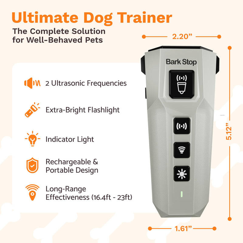 Ultrasonic Dog Bark Deterrent – Rechargeable Anti Bark Device with Dual Frequency & LED Flashlight – Handheld Trainer for Indoor and Outdoor Use (Grey) Grey
