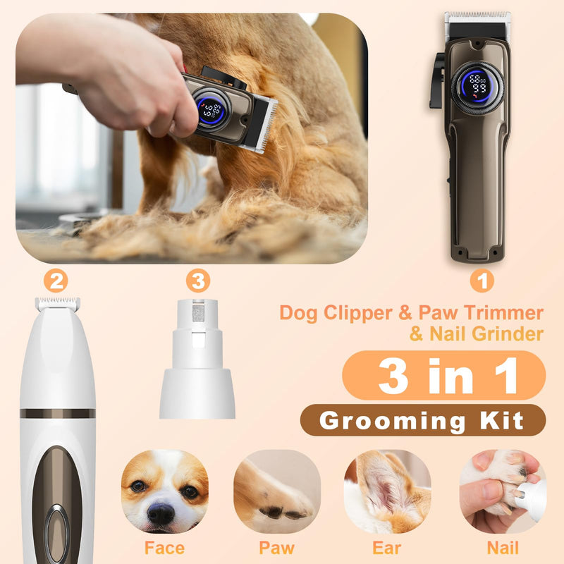 Dog Grooming Kit, Dog Clippers for Grooming Paw Trimmer Nail Grinder, Low Noise Rechargeable Cordless, Pet Shaver with Stainless Steel Blade for Pets Cats Animals - PawsPlanet Australia
