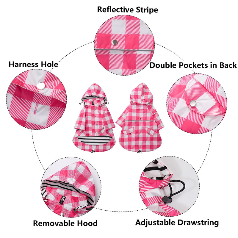 Dog rain Coat Waterproof Raincoat Puppy Jacket with Legs Buttons Zipper Hood Drawstring Fit for Yorkie Terrier Schnauzer Poodle Border Collie Labrador Golden Retriever 8lbs to 80lbs Pink XS X-Small Pink Plaid