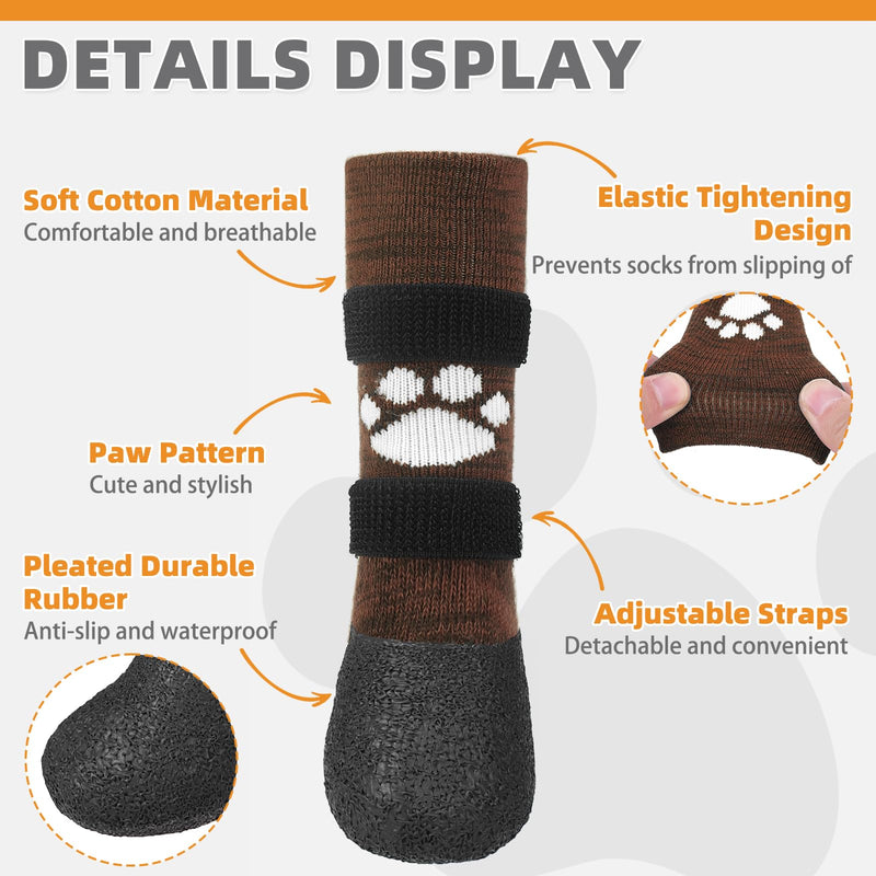KOOLTAIL Anti Slip Dog Socks to Prevent Licking Paws for Hot/Clod Pavement, Waterproof Long Snow Dog Boots&Paw Protectors with Straps Traction Control for Hardwood Floor for Small Medium Large Dogs Brown with Paw Pattern - PawsPlanet Australia
