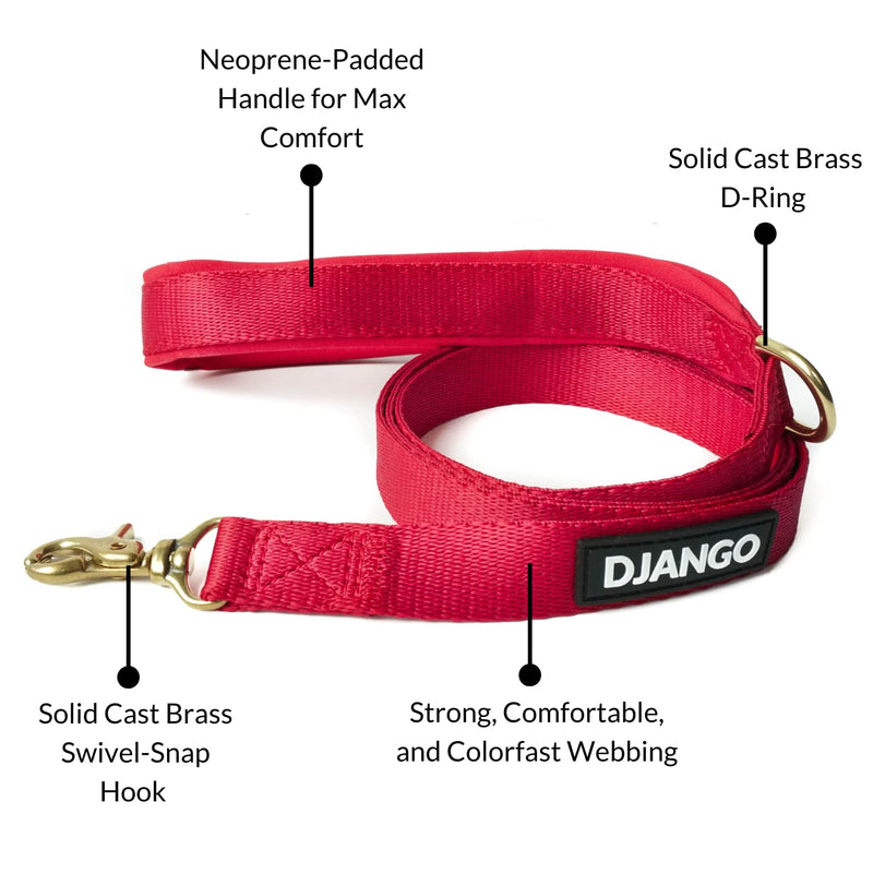 DJANGO Adventure Dog Leash – Strong, Comfortable, and Stylish Dog Leash with Solid Brass Hardware and Padded Handle - Designed for Outdoor Adventures and Everyday Use (Crimson Red) Crimson Red - PawsPlanet Australia