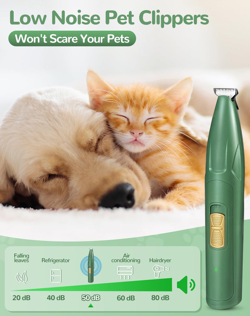 LEYOUFU Dog Clippers for Grooming, 2 Speed Low Noise Cordless Dog Paw Trimmer, Rechargeable Small Pet Hair Trimmer for Grooming, Cat Hair Clippers Shaver for Paws, Eyes, Ears, Face, Rump (Green) Green - PawsPlanet Australia