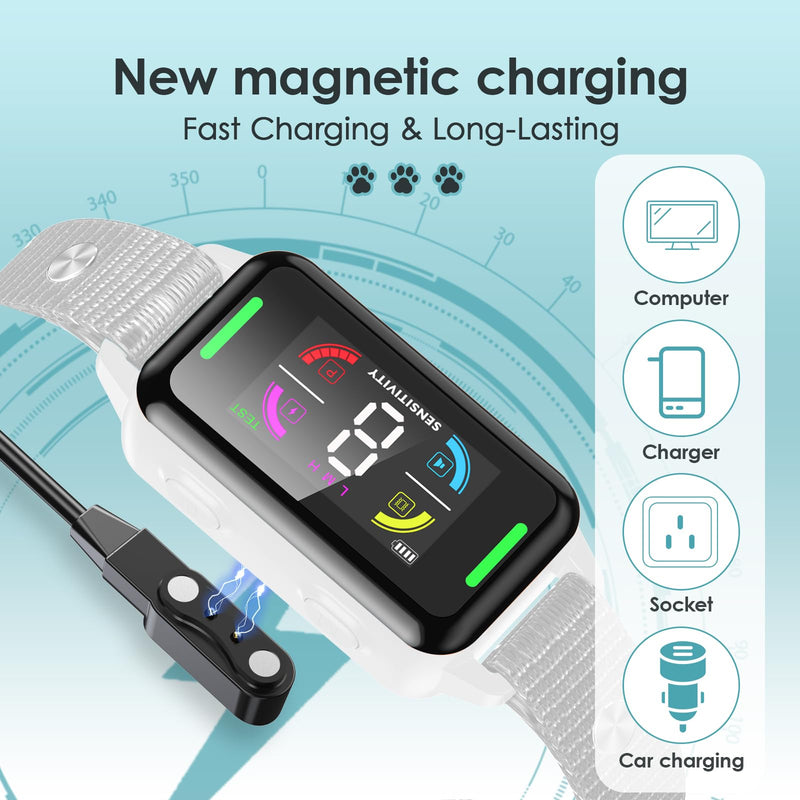 Dog Shock Collar Rechargeable Dog Bark Collar Waterproof Barking Shock Collar Automatic Safe Anti Bark Collar with 8 Adjustable Sensitivity Levels for Large, Medium and Small Dogs (White) White - PawsPlanet Australia