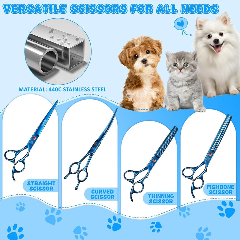 Professional Dog Grooming Scissors, with Safety Round Tips Stainless Steel Professional Dog Grooming Shears Set Straight, Thinning, Chunker, Curved Shears for Long Haired Pet(Blue) Blue