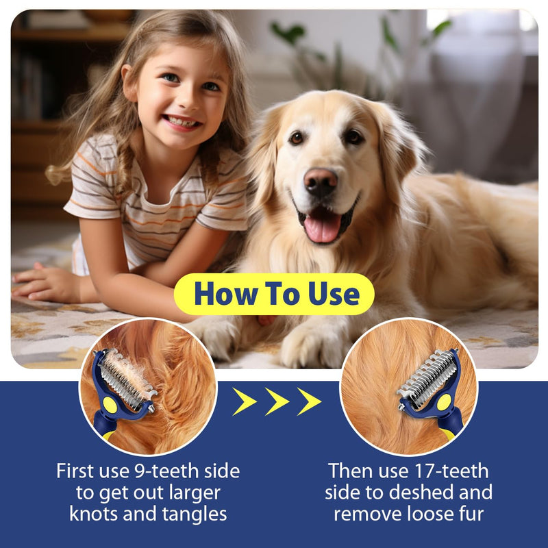 Professional Double-Sided Pet Grooming Rake, Blue and Yellow Deshedding Tool for Dogs and Cats, Undercoat Dematting Brush for Long Hair Pets