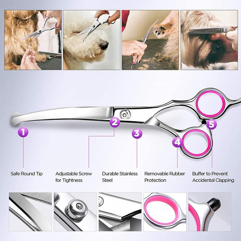 Dog Grooming Scissors, 5Pcs 6-Inch Professional Stainless Steel Titanium Coated Stainless Steel Dog Grooming Kit, Straight/Curved Shears Dogs Scissors Set with Case & Comb, Pink - PawsPlanet Australia