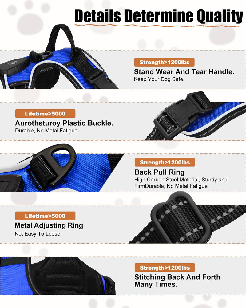 Light Up Dog Harness - LED Dog Harness Rechargeable for Night Walking, Three Lighting Modes, Flashing for More Than 20 Hours, Oxford Cloth(Blue/Large) Blue Large - PawsPlanet Australia