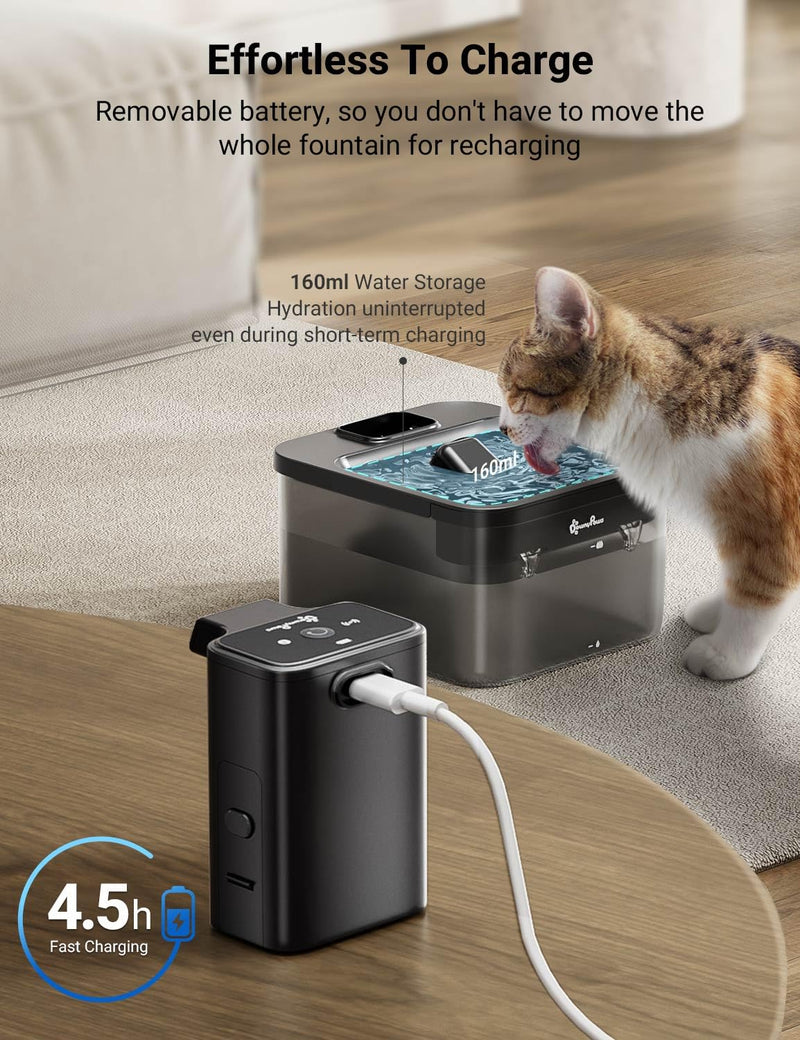 DownyPaws Cat Water Fountain Cordless, 84oz/2.5L Fursink Wireless Pet Water Fountains for Cats Indoor, Battery Operated Cat Drinking Fountain with Motion Sensor, Ultra Quiet Pump, BPA-Free, Black ABS Black - PawsPlanet Australia