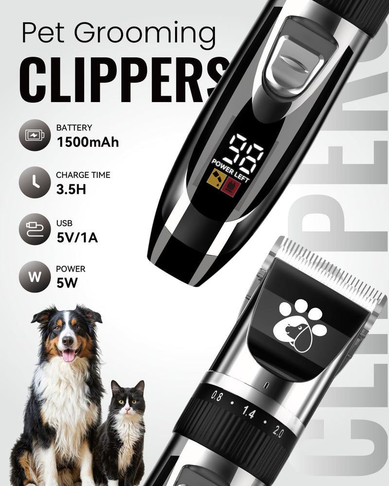 Dog Clippers Cordless, Dog Grooming Kit, Low Noise Rechargeable LED Display Pet Trimmer (Black) Black