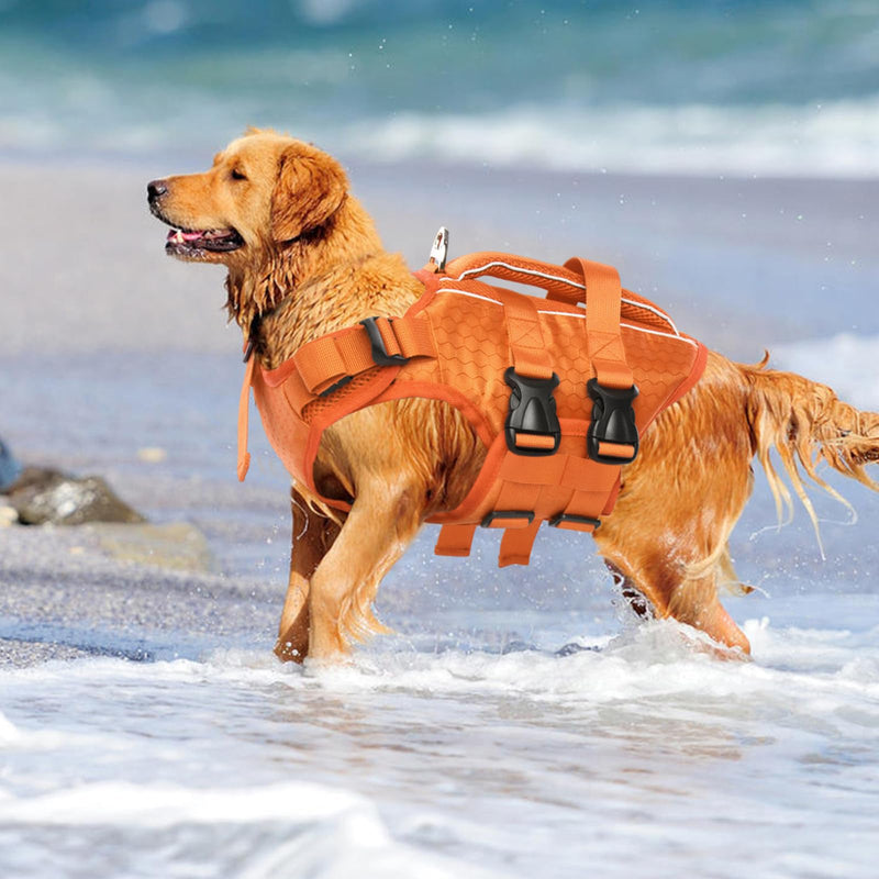 Kuoser Dog Life Jacket High Flotation, Reflective Dogs Life Vest for Swimming Boating, Adjustable Small Medium Large Dog lifejacket, Lightweight Dogs Life Preserver Rescue Handle Spring Summer Pool S (Chest Girth:16.9-21.3'') Bright Orange - PawsPlanet Australia