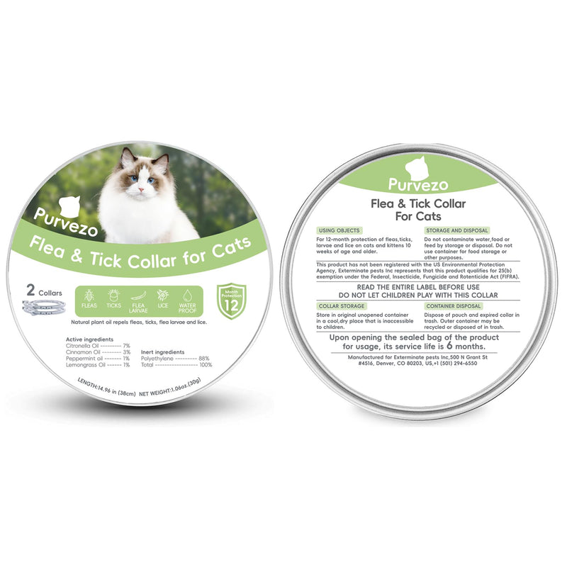Flea and Tick Collar for Cats,12-Month Protection, Natural Ingredients, Waterproof & Adjustable,Includes Flea Comb & Tick Removal Tool,2 Pack - PawsPlanet Australia