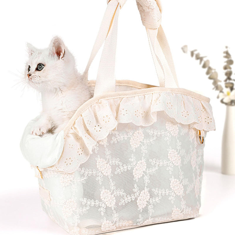 Lace Dog Cat Purse Carrier Breathable Large Capacity Prevents Breaking D Ring Pet Travel Handbag Beige (L) - PawsPlanet Australia