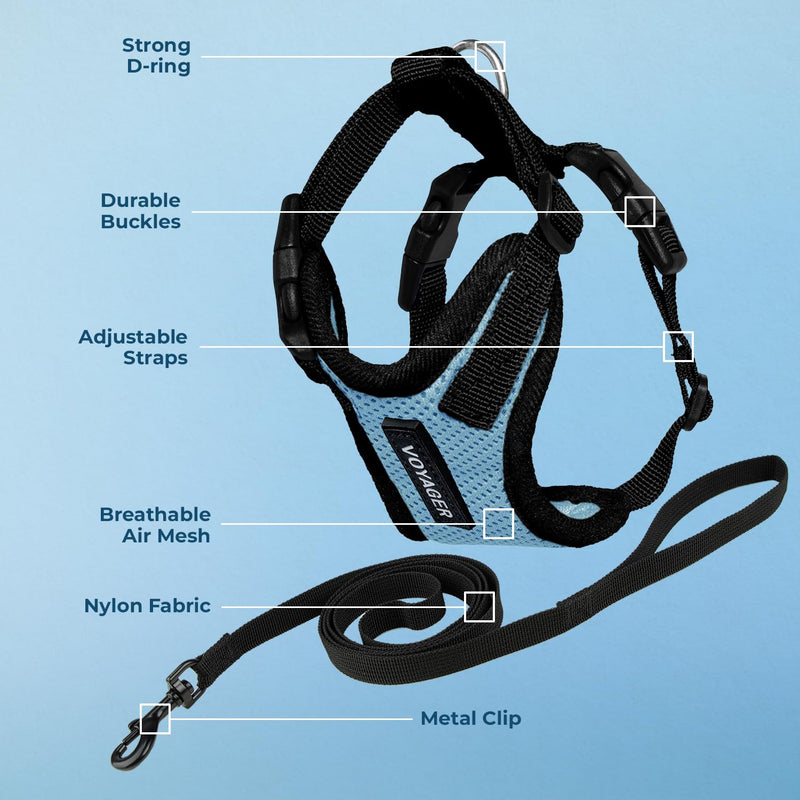 Voyager Step-in Lock Cat Harness and Reflective Cat Leash with Neoprene Handle by Best Pet Supplies - Supports Small, Medium and Large Breed Cats, Baby Blue/Black Trim, size S - 5ft Harness Leash Set (Baby Blue/Black Trim)