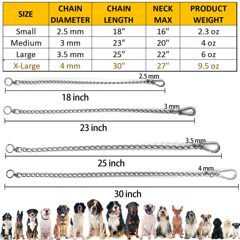 Dog Chain Collars 304 Stainless Steel Metal Chew Proof Dog Leash Extension - Anti Winding, Training and Walking. (X-Large) X-Large