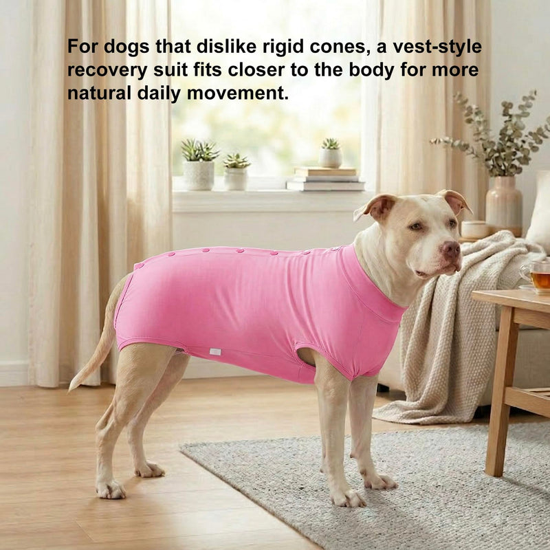 LovinPet Dog Recovery Suit, Easy Snap-Back Cover for Large Dogs, Bodysuit for Female Dogs, Solid-Color Surgery Suit with Cushioned Belly Panel, Pink, XXL XX-Large