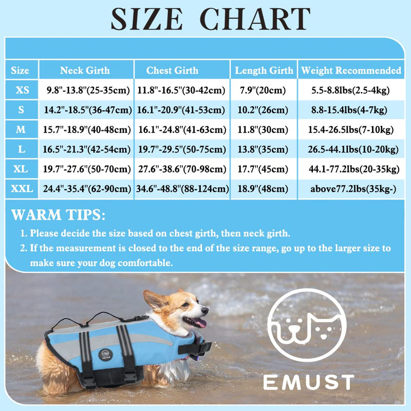 EMUST Life Vests for Dogs, Lightweight Small/Medium/Large Dog Life Preserver, XL Dog Life Jacket for Swimming/Boat/Water, Life Jacket for Large Dogs,Blue, XL Blue