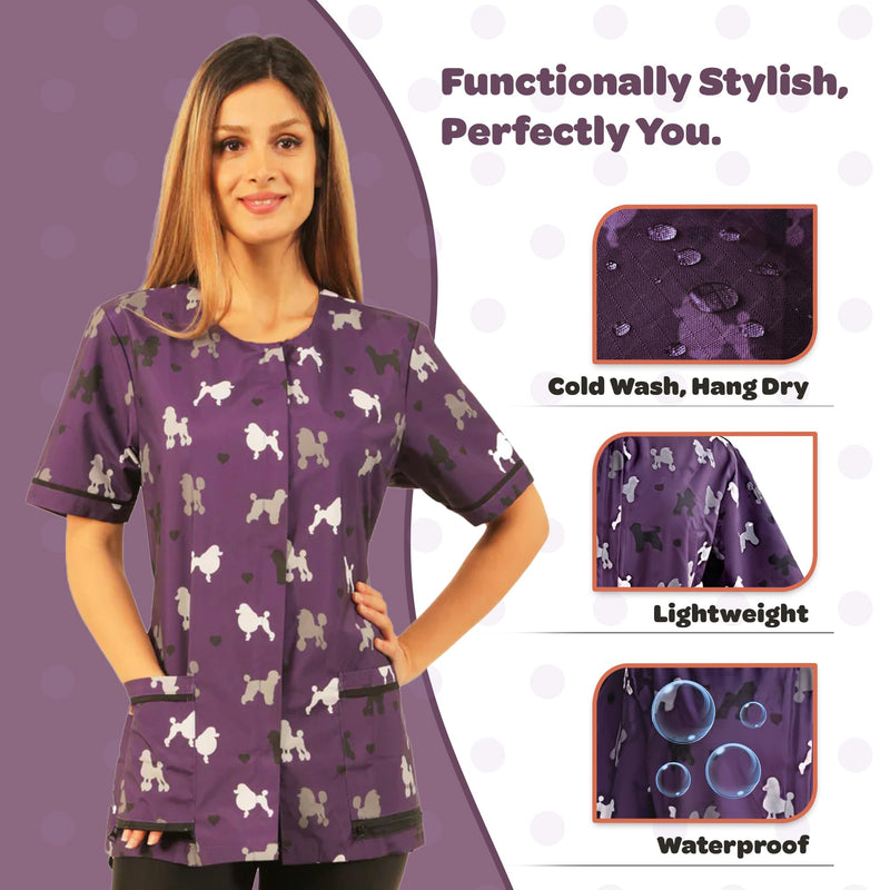 Ladybird Line 710 Purple Poodle Print Waterproof Dog Grooming Smock Hair and Bleach Resistant Covered Zipper Panel Mesh Back 4X-Large - PawsPlanet Australia