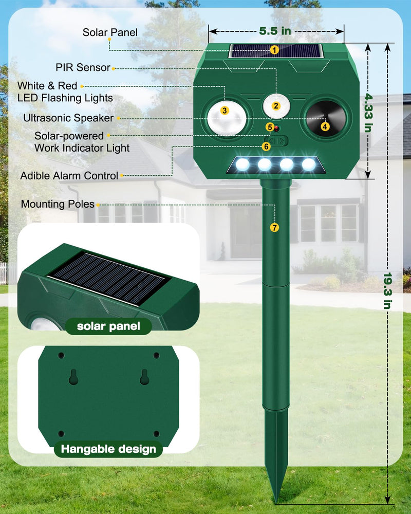 Solar Ultrasonic Animal Repellent Outdoor, 2 Pack Cat Repellent Outdoor Deer Repellent Devices with PIR Motion Sensor ＆ LED Flash, Waterproof Squirrel Repeller, Cat, Raccoons, Rabbits, Deer, Skunk 1 Count (Pack of 2) - PawsPlanet Australia
