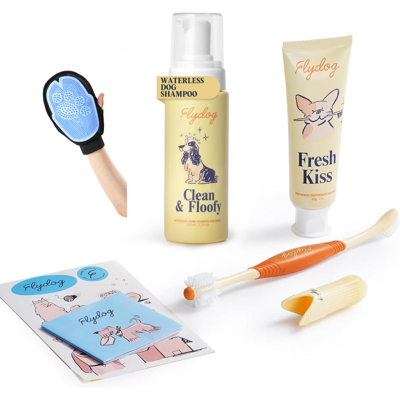 FlyDog Dog Grooming & Dental Care Kit, Dog Toothpaste & 360° Toothbrush, Finger Brush+ Waterless Dry Shampoo Foam with Grooming Glove, Odor Control, Plaque & Tartar Removal, Fresh Breath, Chicken