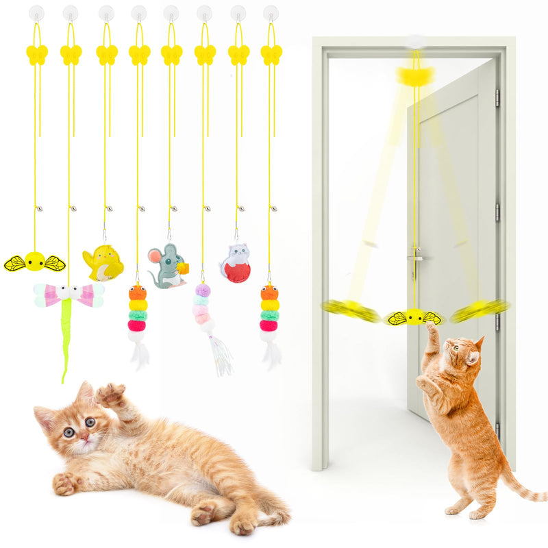 Coppthinktu 8 PCS Interactive Cat Feather Toys Hanging Cat Toys, Door Hanging Cat Toy Cat Teaser Retractable Cat Door String Toys Mouse Hunting Toy for Indoor Cat Kitten Self Play Chase Exercise