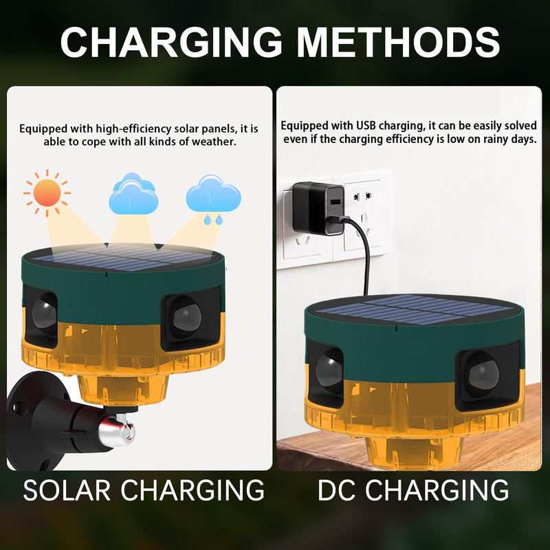 Solar Outdoor Motion Sensor Alarm: Dog Barking&Gunshot Sound, 129db Loud Siren,Support Recording, 13 Kinds of Sound Strobe Light Yellow 1 Pack