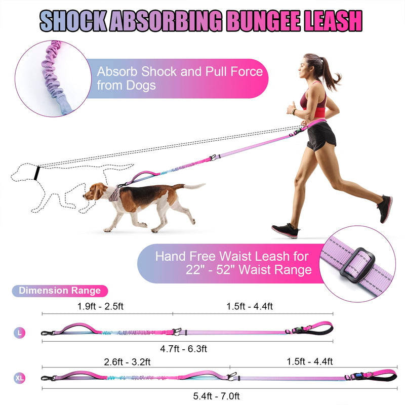 Heavy Duty Hands Free Dog Leash, 5-7 FT Reflective Adjustable Waist Dog Leash Belt with Padded Handles, Shock Absorbing Bungee and Car Seat Belt for Large Medium Dogs (Gradient Pink, XL) XL - 3 Handles, 5.4-7.0 FT Length Gradient Pink