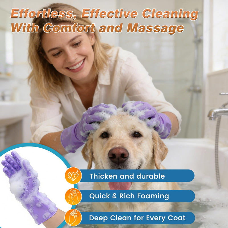 7PCS Dog Bath Brush | Pet Grooming Gloves | Storage Bag | Soothing Massage Rubber Comb with Adjustable Ring Handle | Pet Bathing for Dogs and Cats (Lavender Purple) Lavender Purple - PawsPlanet Australia