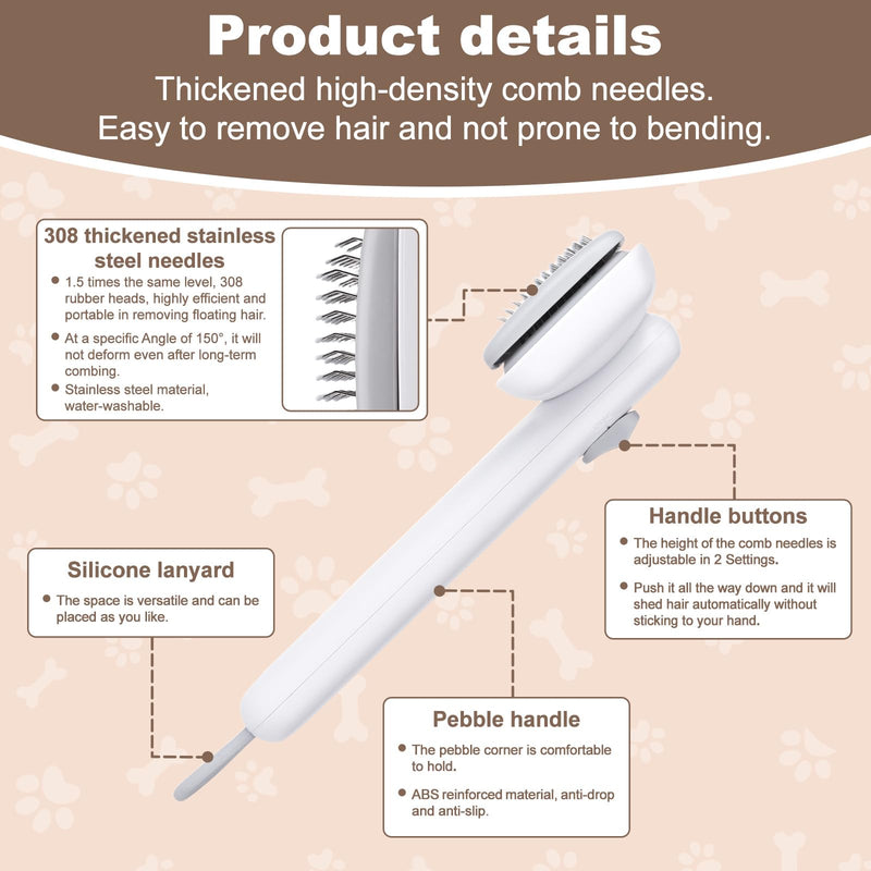 Self Cleaning Deshedding Cat Brush for Dogs & Cats,Adjustable Cat Brushes for Indoor Cats, Easy to Clean Grooming Tool for Long & Short Haired Pets White