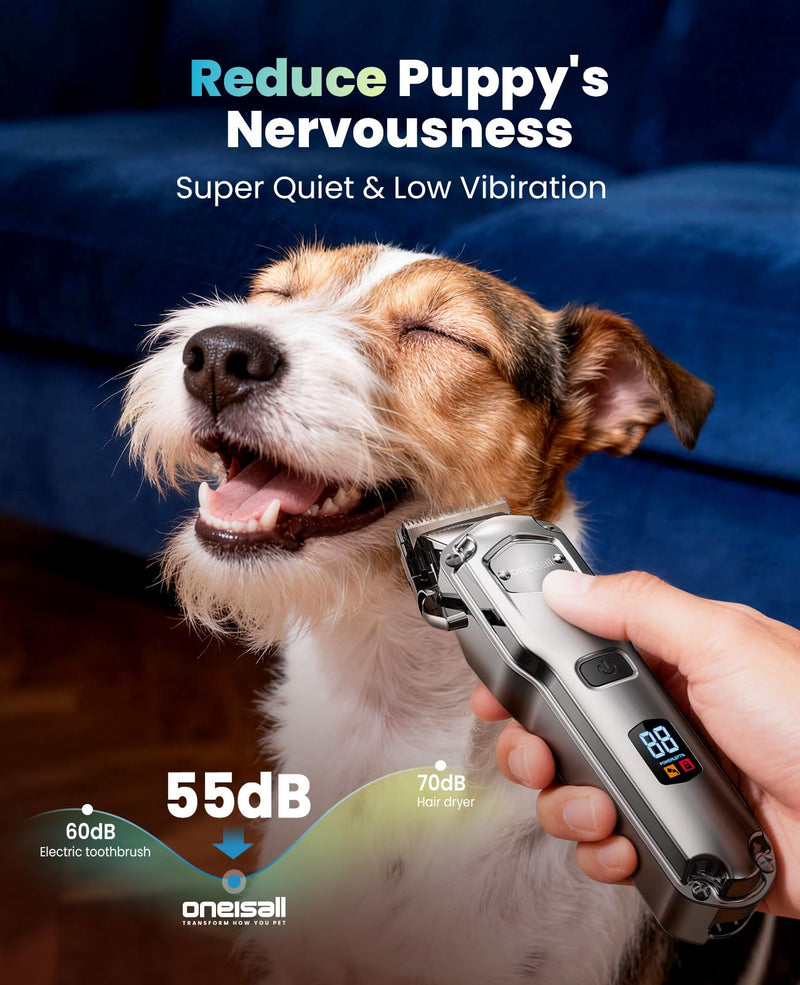 oneisall Dog Clippers for Grooming for Thick Heavy Coats/Low Noise Rechargeable Cordless Pet Shaver with Stainless Steel Blade/Waterproof Dog Shaver for Dogs Pets and Animals (Silver) Silver