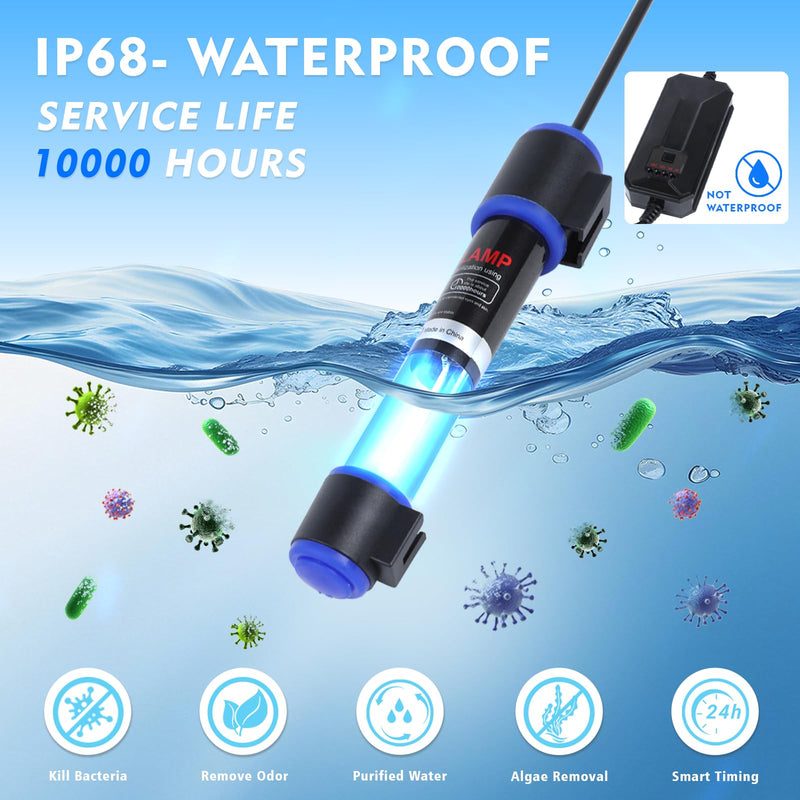 UV-C Aquarium Clean Light with Timer, Mini 3W 5W 7W 9W 11W Submersible Algae Clean Light Water Green Clean Fish Tank Water Clean Lamp for Sump Pond Filter Tank (5W Timer) Timer 5w - PawsPlanet Australia
