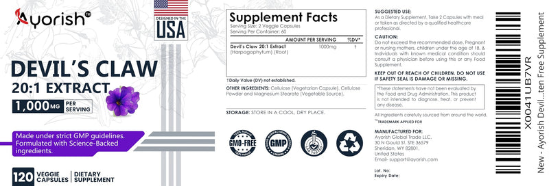 Devils Claw Root Extract 1000mg | 120 Capsules| Devils Claw Herbal Supplement | Non-GMO, Gluten Free Supplement