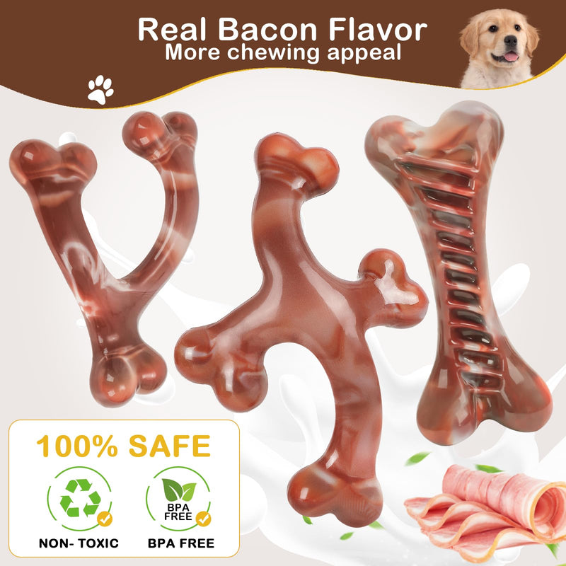 NOUGAT Dog Toys for Aggressive Chewers 3 Pack Indestructible Dog Toy Tough Nylon Bacon Flavor Dog Chew Toys for Large Medium Small Breed Bone