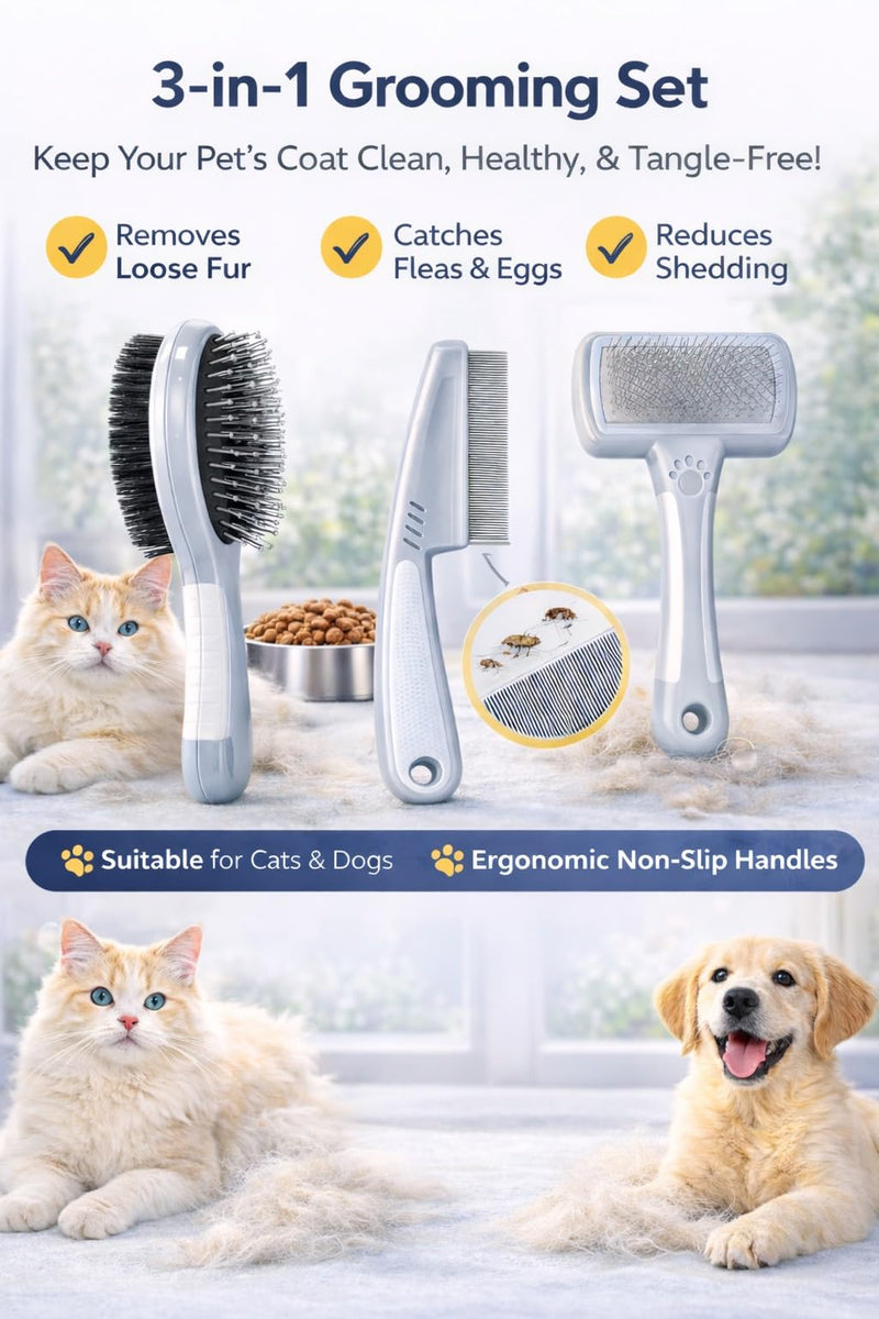 Pet Grooming Kit for Dogs & Cats – 3-in-1 Dog Grooming Set with Slicker Brush, Dual Bristle Brush & Flea Comb – Removes Loose Fur, Reduces Shedding