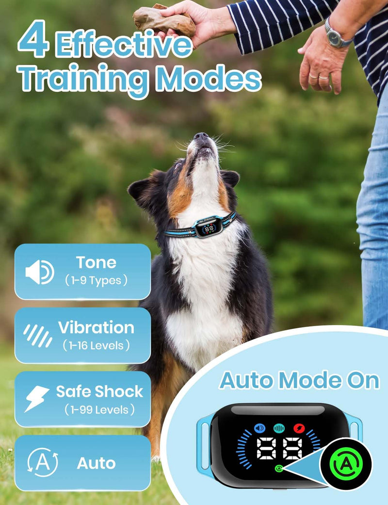 Smart 2-in-1 Dog Shock and Bark Collar - AI Anti-Misoperation, 3300FT Remote Training Collar, IPX7 Waterproof, 4 Modes (Tone, Vibration, Safe Shock, Auto Anti-Bark) for Dogs Blue - Blue - PawsPlanet Australia