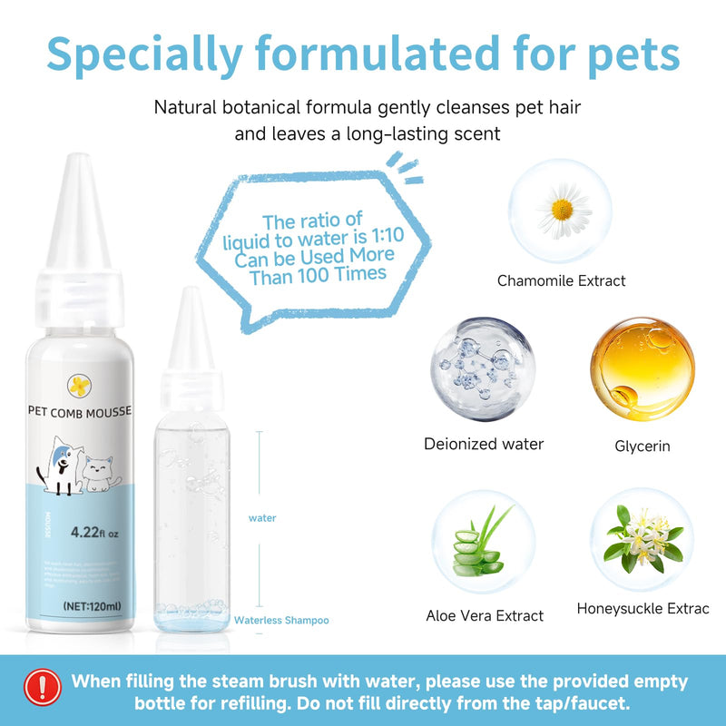 Pet Steam Brush for Dog & Cat - 3-in-1 Steam Grooming Brush for Shedding & Hair Removal - Pet comb leave-in serum with Mist for Long Haired Pets - Includes 2*Waterless Shampoo, Blue 7.88'' - 240ML
