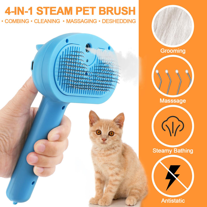 KALAMANDA Cat Steam Brush for Shedding, 4 in 1 Steamy Cat Brush with Release Button, Self Cleaning Metal Pet Misting Hair Comb with Handle for Grooming Kitten Dog(Blue) - PawsPlanet Australia