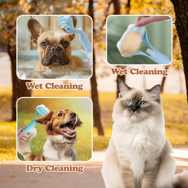 Dry Wet Dual Use Pet Grooming Brush with Spray Bottle, 3 in 1 Comb Removes Loose Hair or Dirt for Cats and Dogs, Double Brush Head Massage Cleaning Bath Tool, 1 Piece Blue