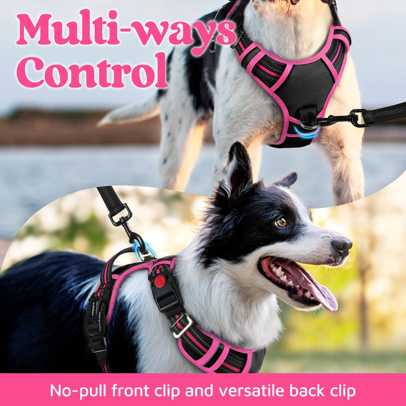 rabbitgoo Dog Harness for Large Dogs, No Pull Pet Vest with 3 Buckles, Adjustable Soft Padded Pet Harness with Easy Control Handle and Reflective Strips, Black & Rose Pink, L - PawsPlanet Australia