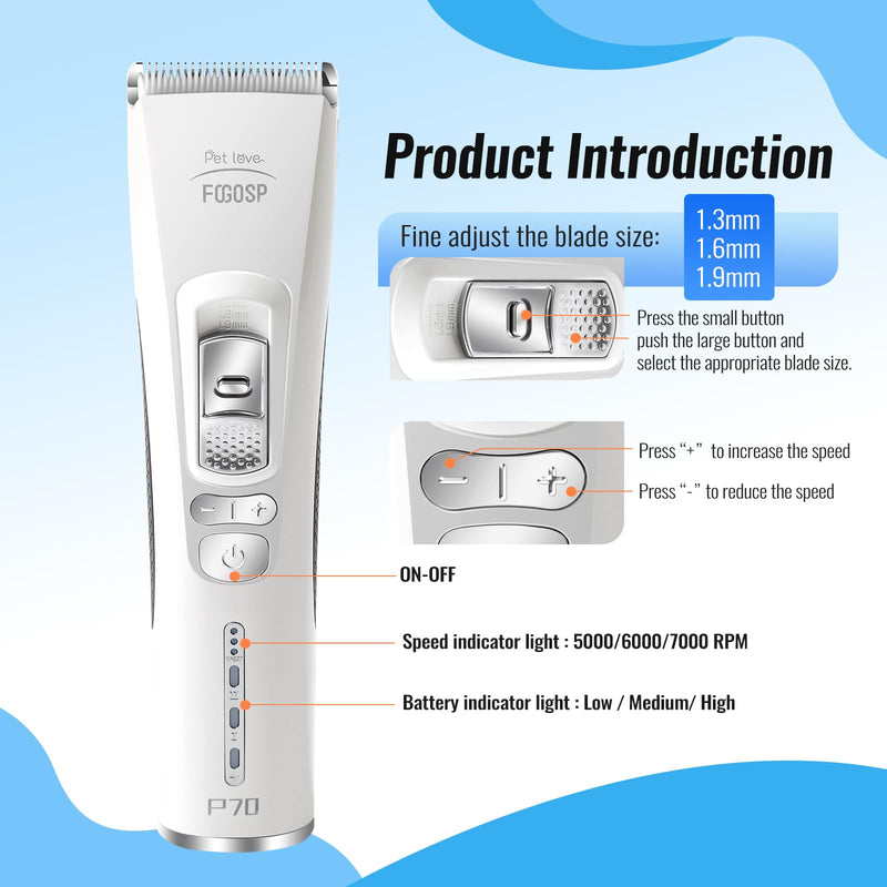 Dog Clippers for Grooming with 1 Dog Grooming Comb 3-Speed Low Noise Powerful Rechargeable Cordless Pet Grooming Trimmers for Small & Large Dogs Cats Pets with Thick & Heavy Coats GroomingClippers(White) - PawsPlanet Australia